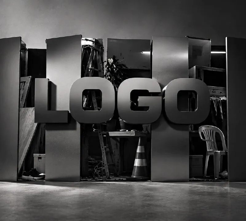 Letras gigantes de la palabra logo en una bodega vacía
