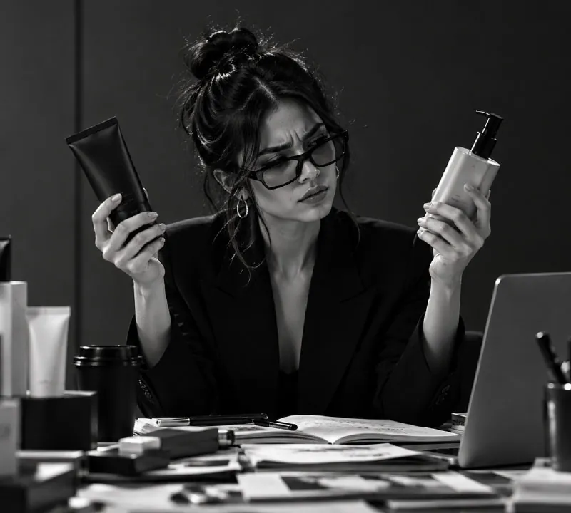 Mujer comparando dos empaques de producto con gesto de duda