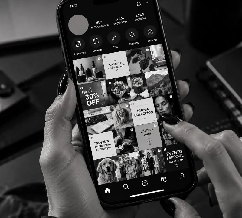 Perfil de redes sociales con publicaciones sin una línea visual clara