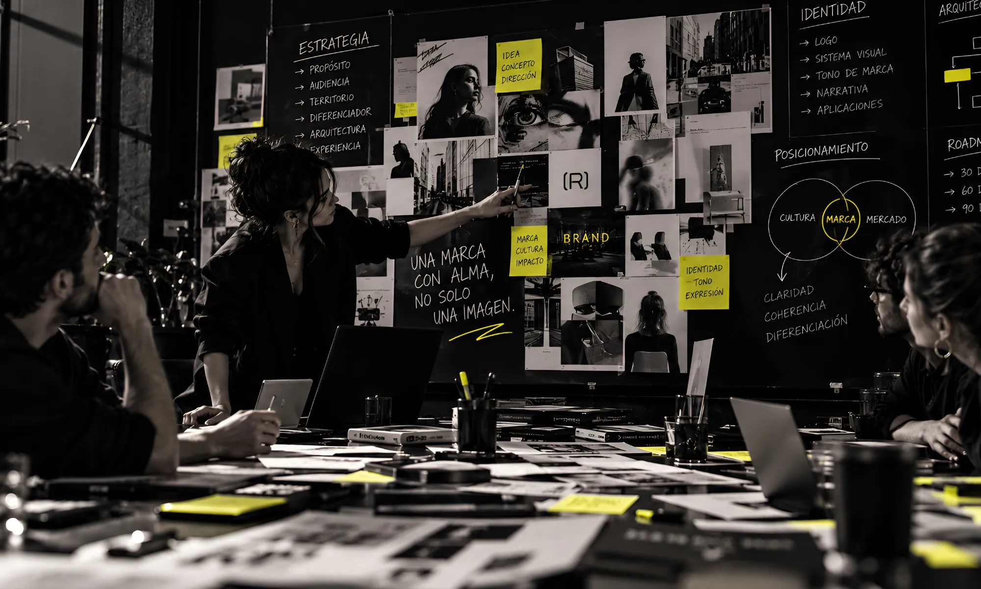 Equipo trabajando la estrategia y el posicionamiento de una marca frente a un muro de referencias