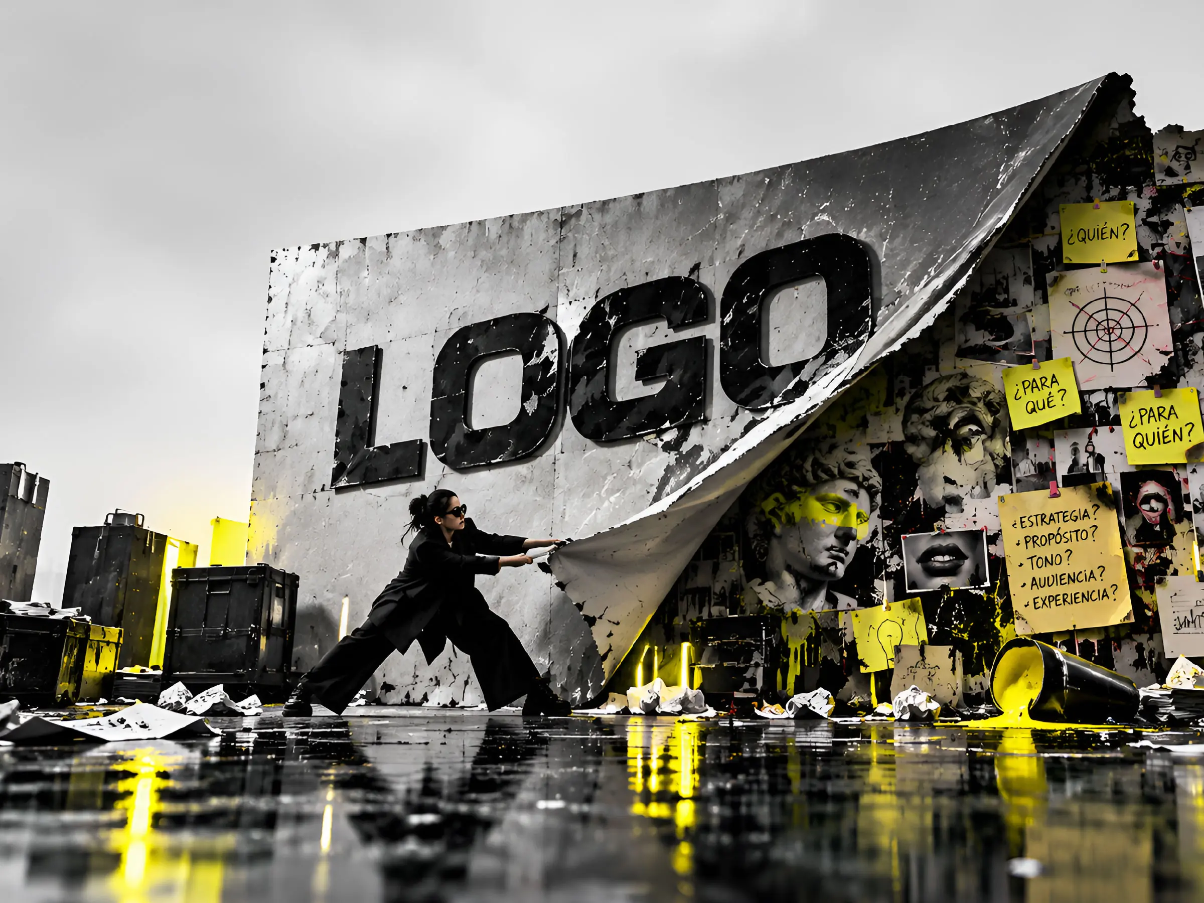 Persona arrancando un cartel gigante con la palabra logo