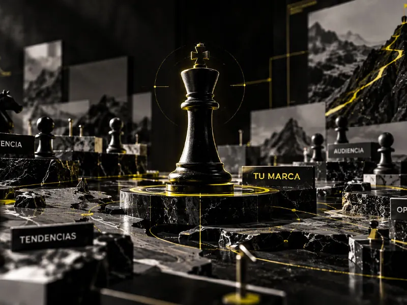 Pieza de ajedrez sobre un mapa que marca la posición de la marca frente a tendencias
