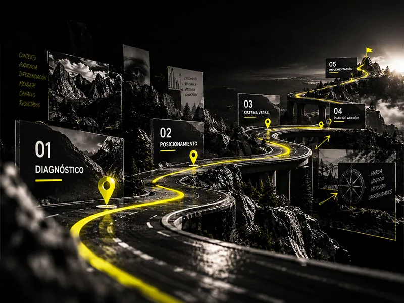 Camino iluminado en amarillo que une diagnóstico, posicionamiento y roadmap