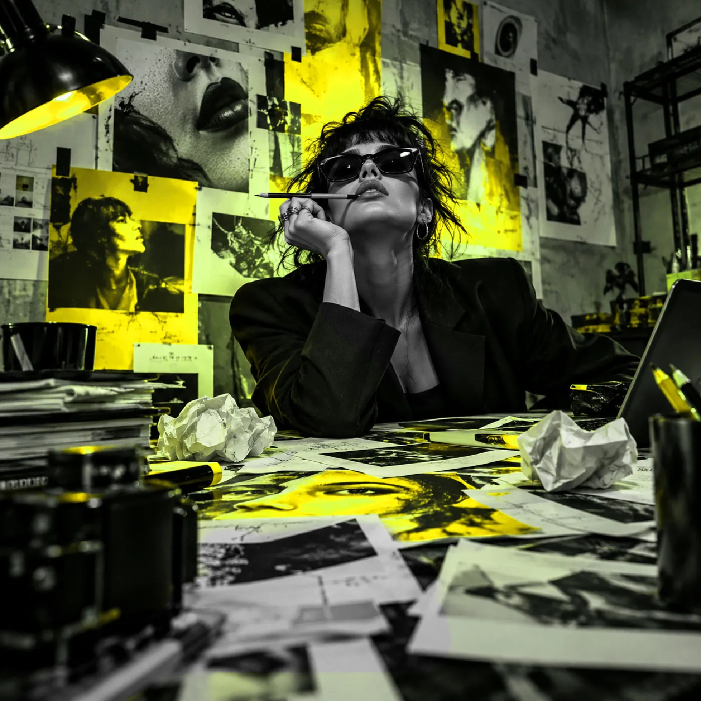 Directora creativa en su mesa de trabajo rodeada de referencias visuales