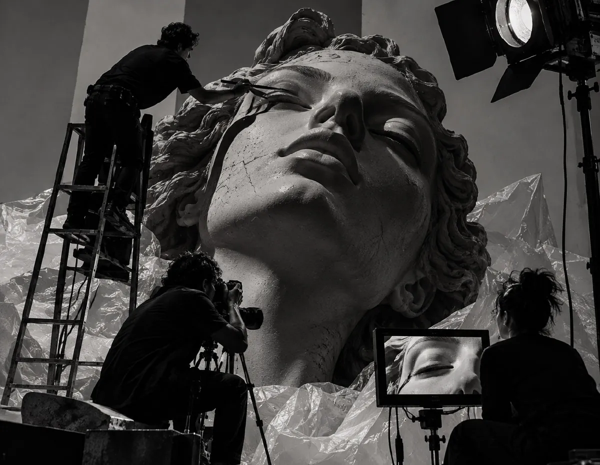 Sesión fotográfica frente a una escultura clásica de gran formato