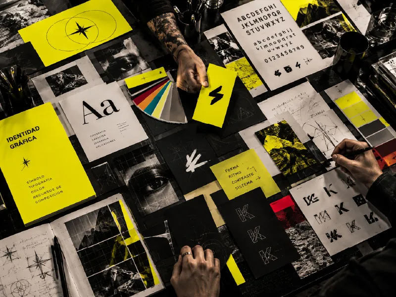 Mesa con tipografías, colores y bocetos de una identidad gráfica