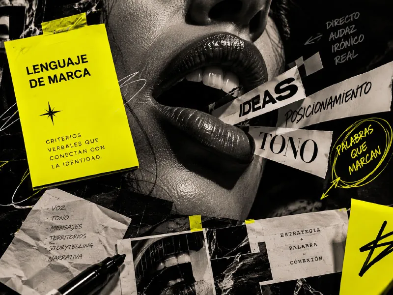 Collage del lenguaje de marca con tono, ideas y palabras clave