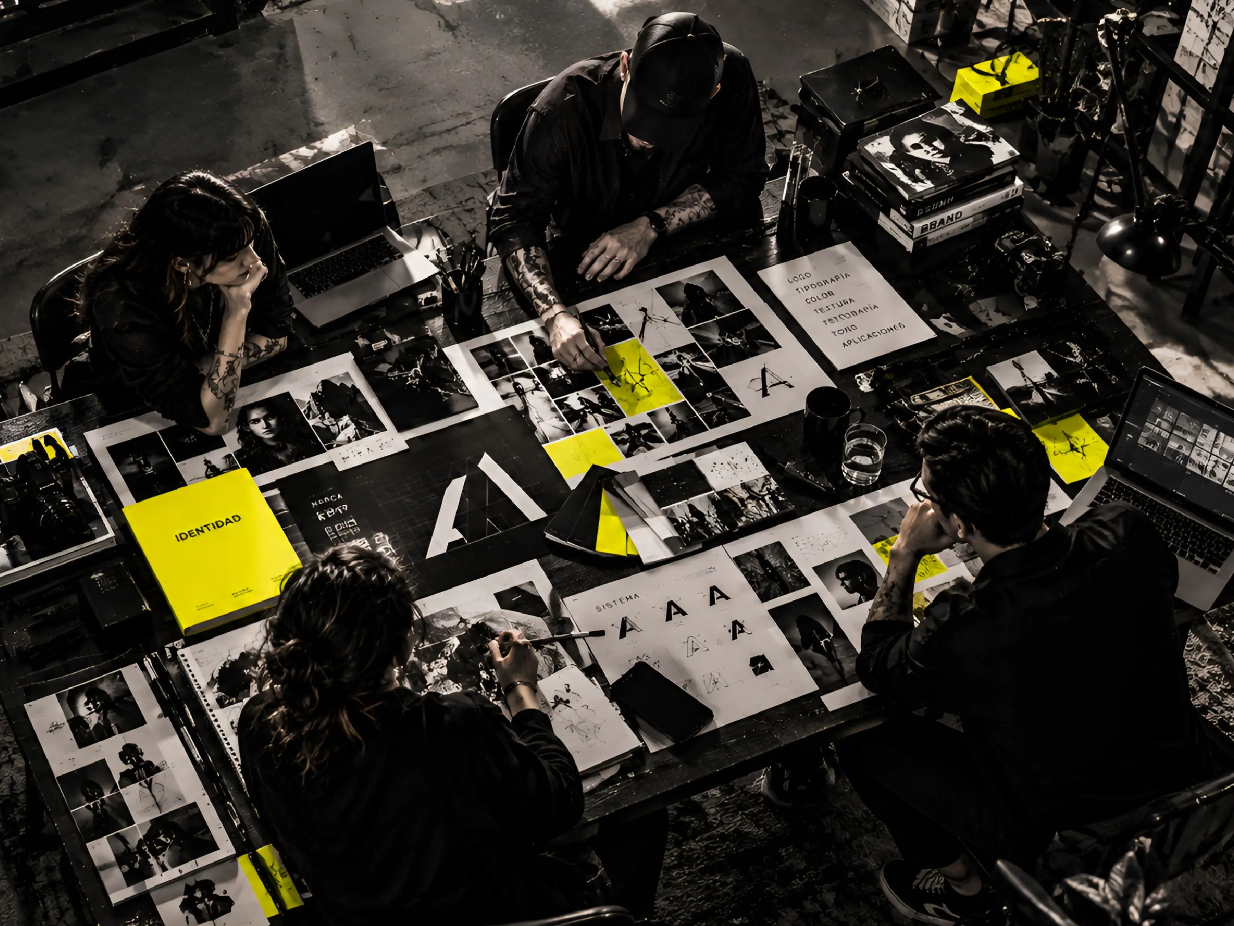 Equipo revisando piezas de identidad visual sobre una mesa de trabajo