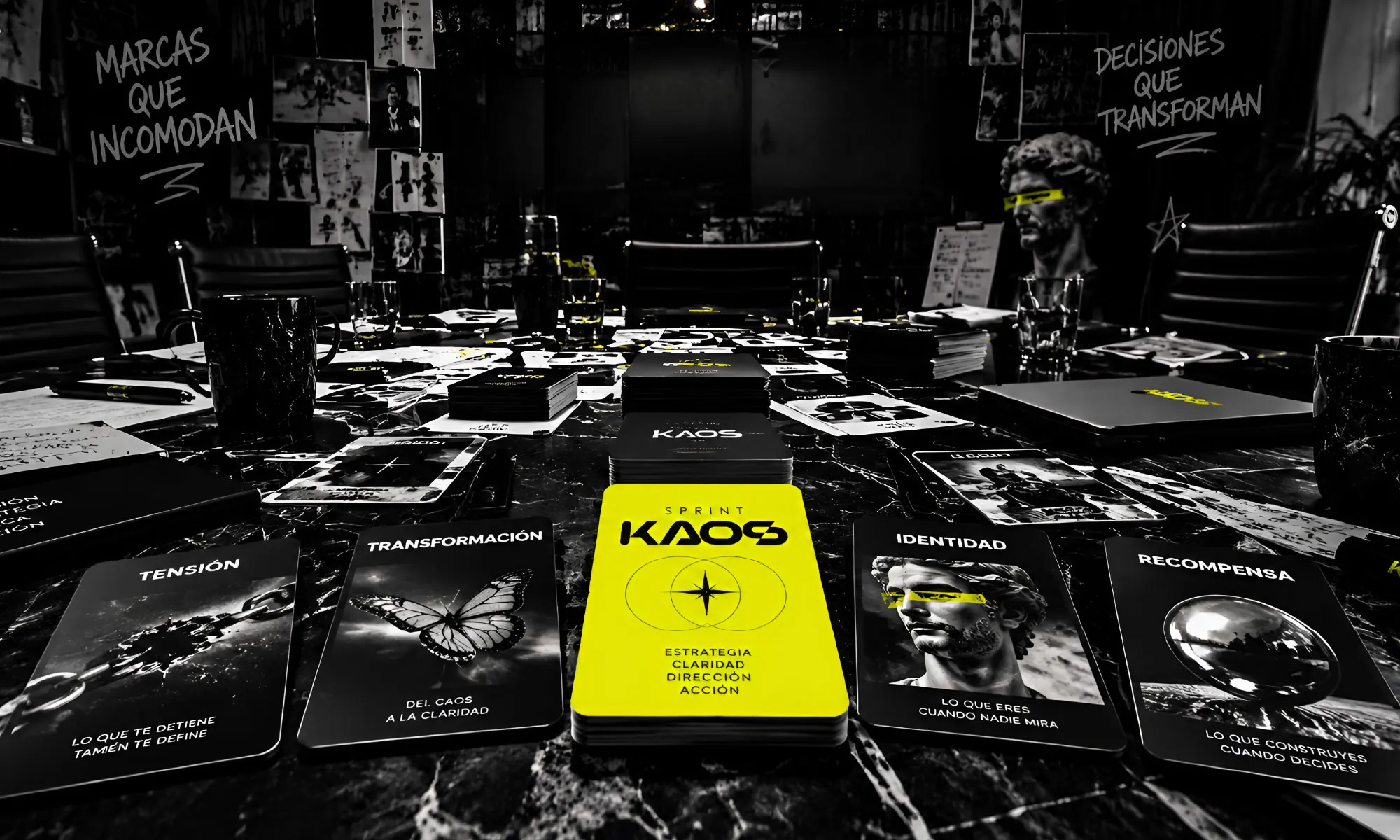 Mesa de trabajo con las cartas de KAOS Decision Sprint