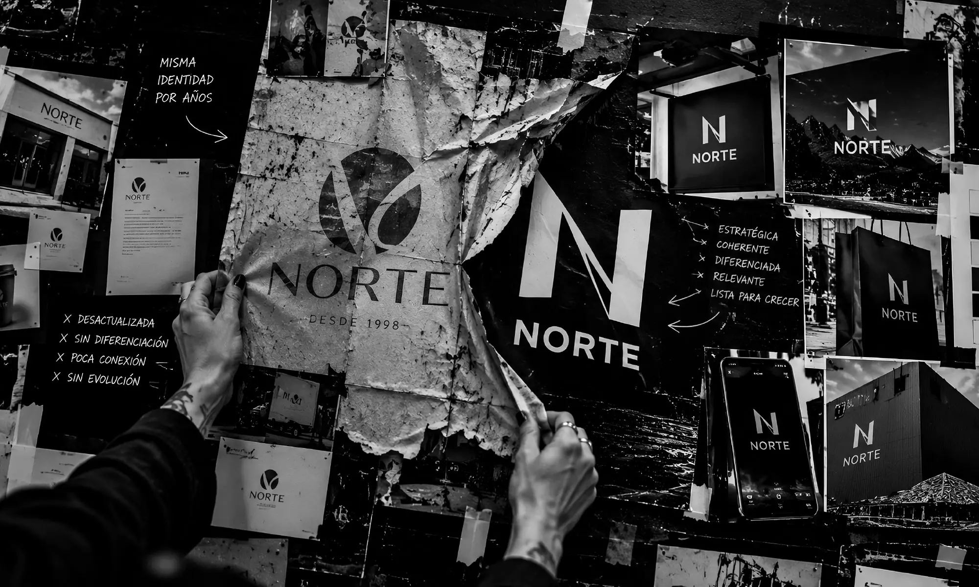Afiche de la marca anterior rasgado junto a la nueva identidad Norte