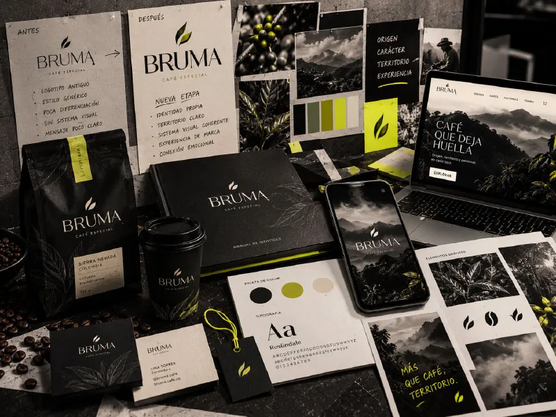 Sistema de identidad de la marca de café Bruma en empaques y piezas